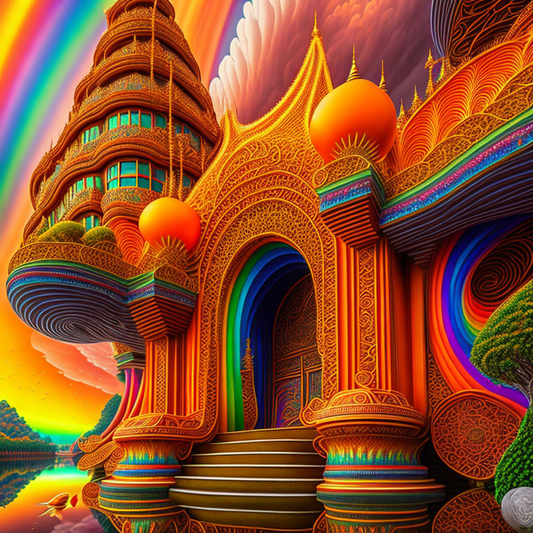 Colorful surreal illustration of fantastical building in rainbow skies