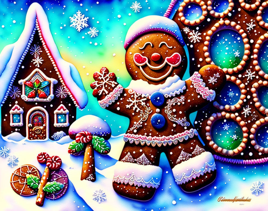 Vibrant gingerbread man illustration with candy cane and snowflakes