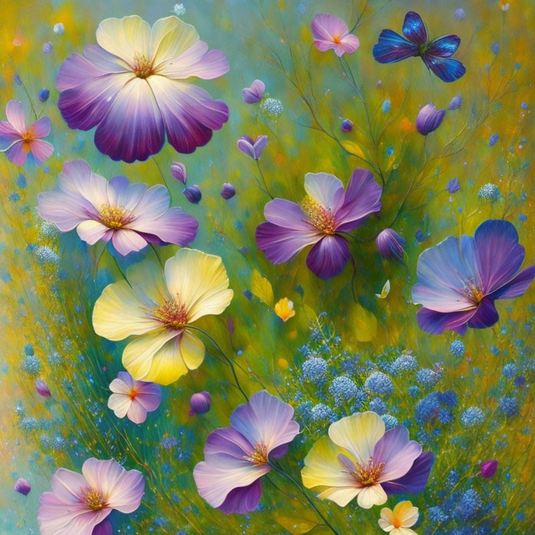 Colorful floral painting with purple and yellow flowers, blue butterfly, on green and yellow backdrop