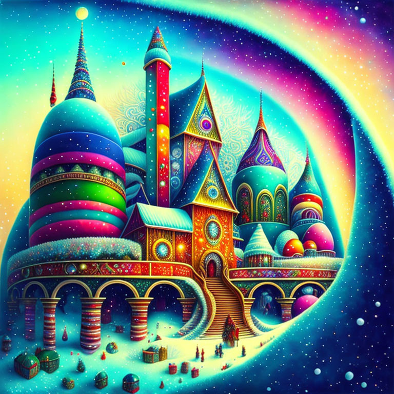 Colorful Fantasy Castle with Domed Towers in Starry Sky