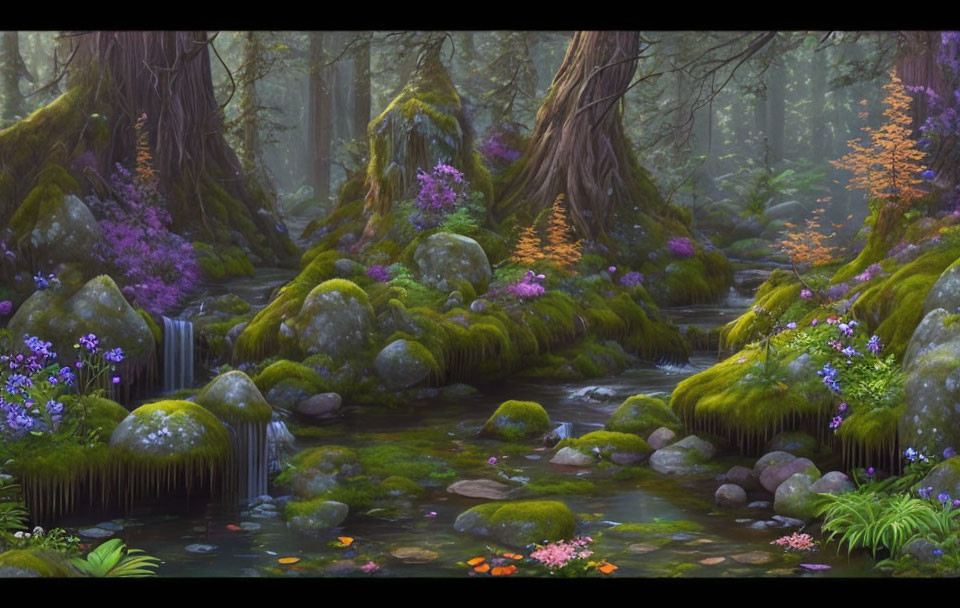 Tranquil forest stream with mossy rocks, flowering plants, and twisted tree roots