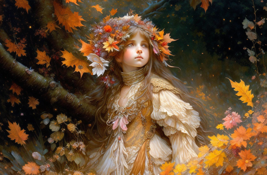 Young girl with autumn leaves in hair, golden brown dress, fall foliage backdrop