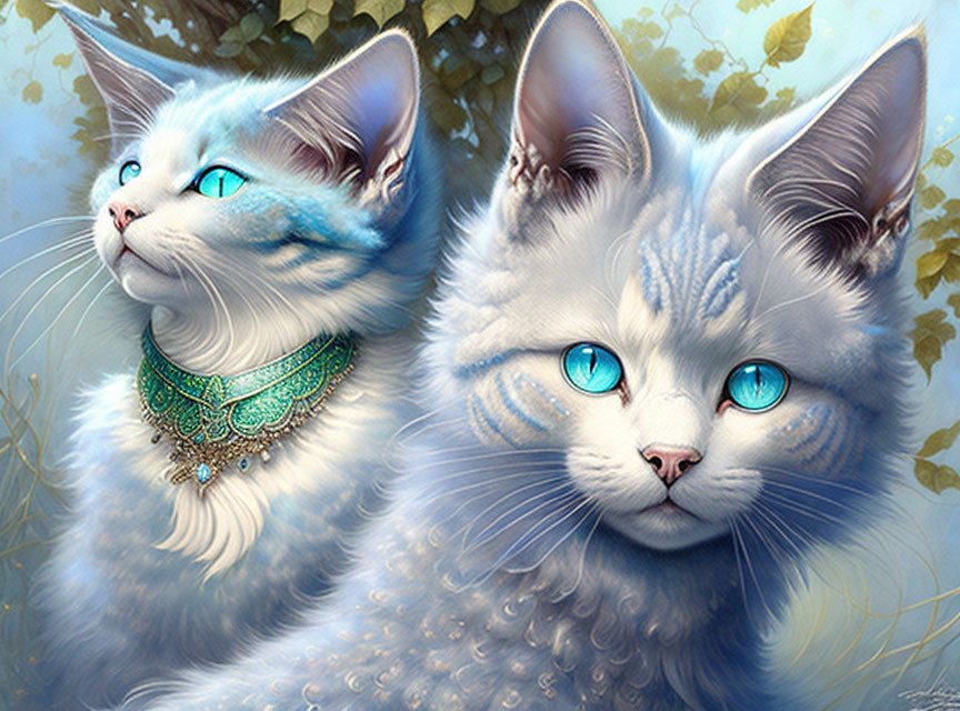 Blue-eyed cats wearing intricate jewelry in front of leafy backdrop, one looking forward, the other g