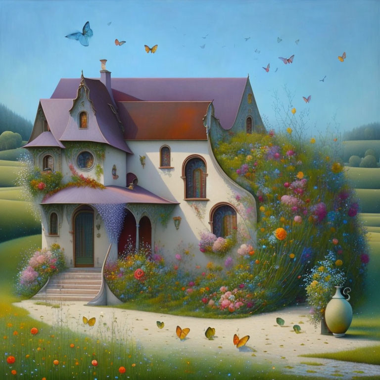 Colorful painting of quaint house with purple roof, flowers, butterflies & rolling hills