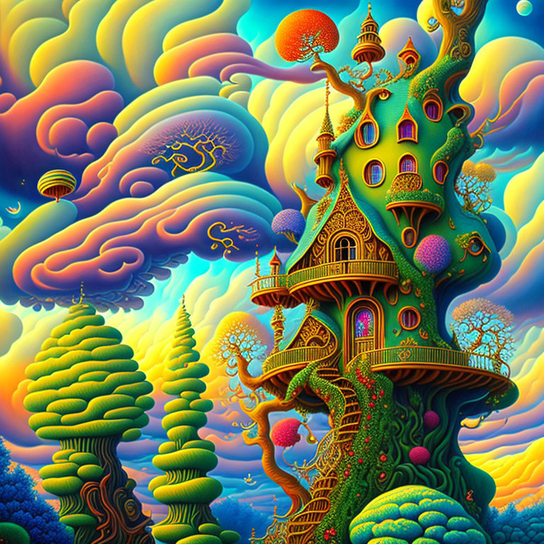 Colorful whimsical tree artwork with fantastical architecture and vibrant clouds