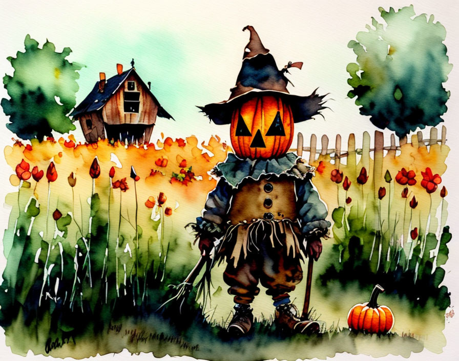 Scarecrow with Jack-o'-lantern Head in Autumn Watercolor