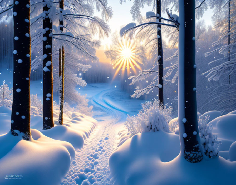 Winter forest sunrise with sunlight filtering through snowy trees.