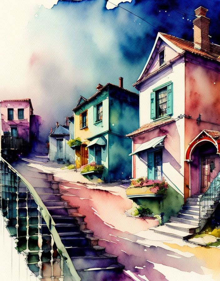 Vibrant watercolor painting of charming street with colorful houses and staircase under cloudy sky