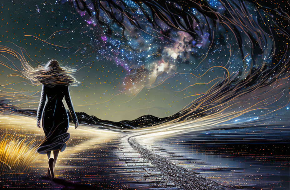 Woman running on starlit path under vibrant galaxy