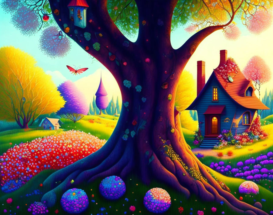 Colorful landscape painting with tree house, fantastical flora, and butterfly