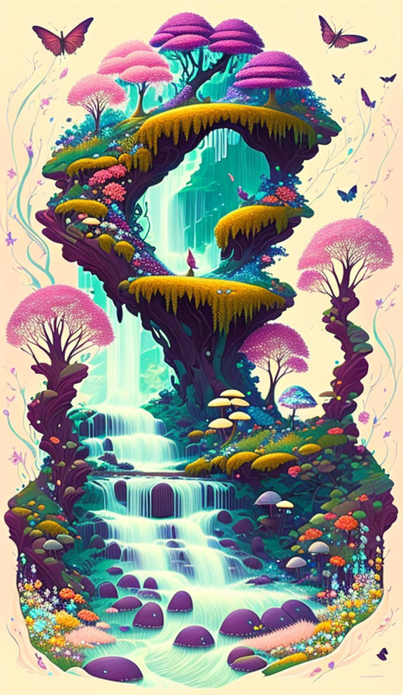 Colorful fantasy waterfall scene with neon flora and butterflies