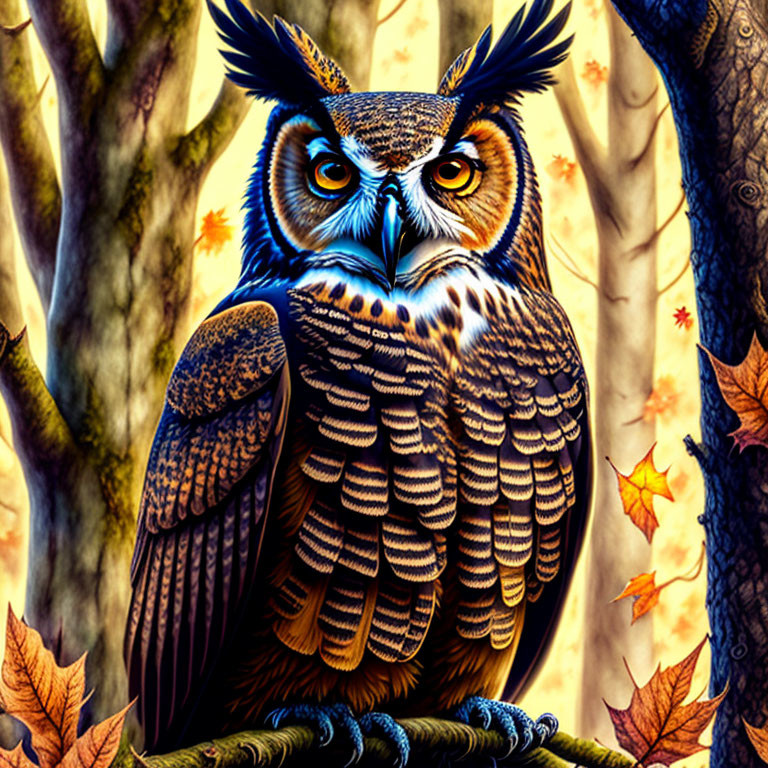 Detailed Majestic Owl Perched in Autumn Forest