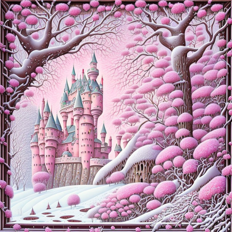 Pink castle in snow-covered landscape with pink trees and sky