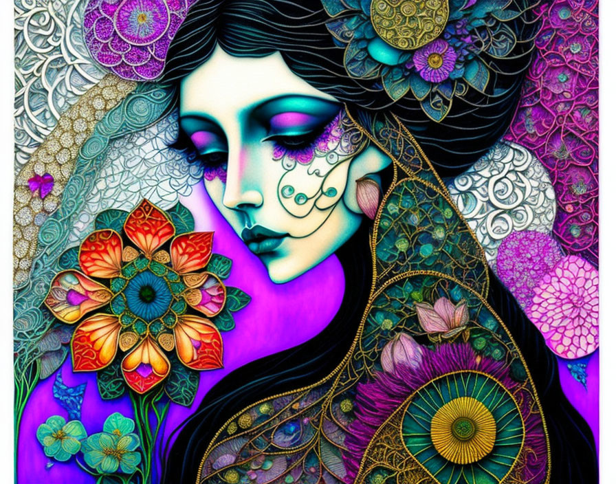 Colorful stylized woman with intricate patterns and floral motifs in purple and blue hues