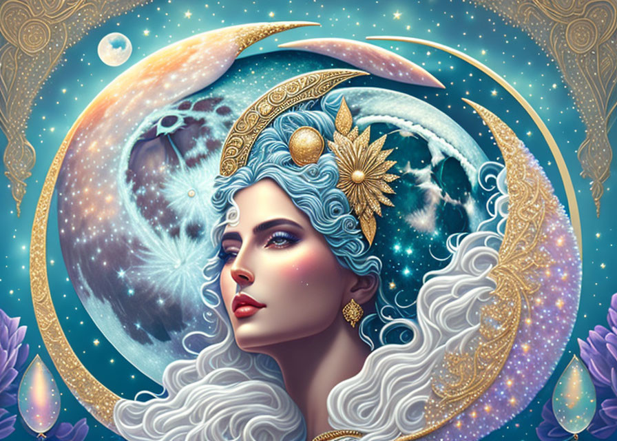 Illustrated portrait of woman with blue-white hair, adorned with golden moon and star ornaments against cosmic backdrop