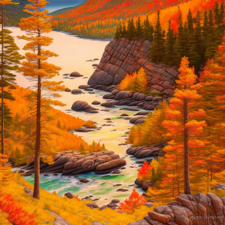 Tranquil river in vibrant autumn landscape