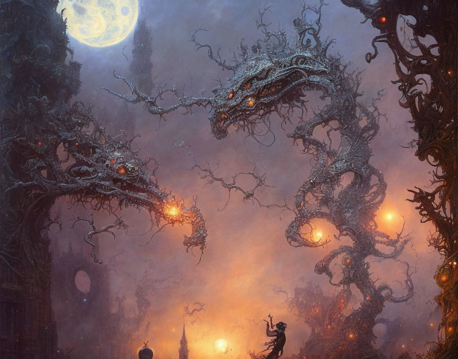 Twisted glowing trees and figure under large moon in ethereal landscape