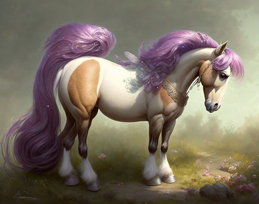 Majestic fantasy horse with creamy coat in ethereal meadow