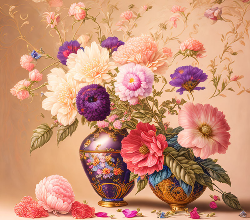 Colorful Flowers in Ornate Vase on Warm Floral Background