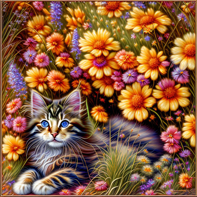 Blue-eyed kitten camouflaged in yellow and purple flower garden