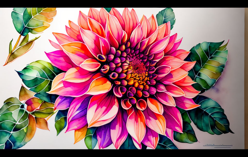 Detailed colorful illustration of large pink, purple, and orange flower with green leaves