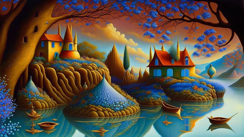 Colorful fantasy landscape with whimsical houses, blue trees, flowers, and calm waters.