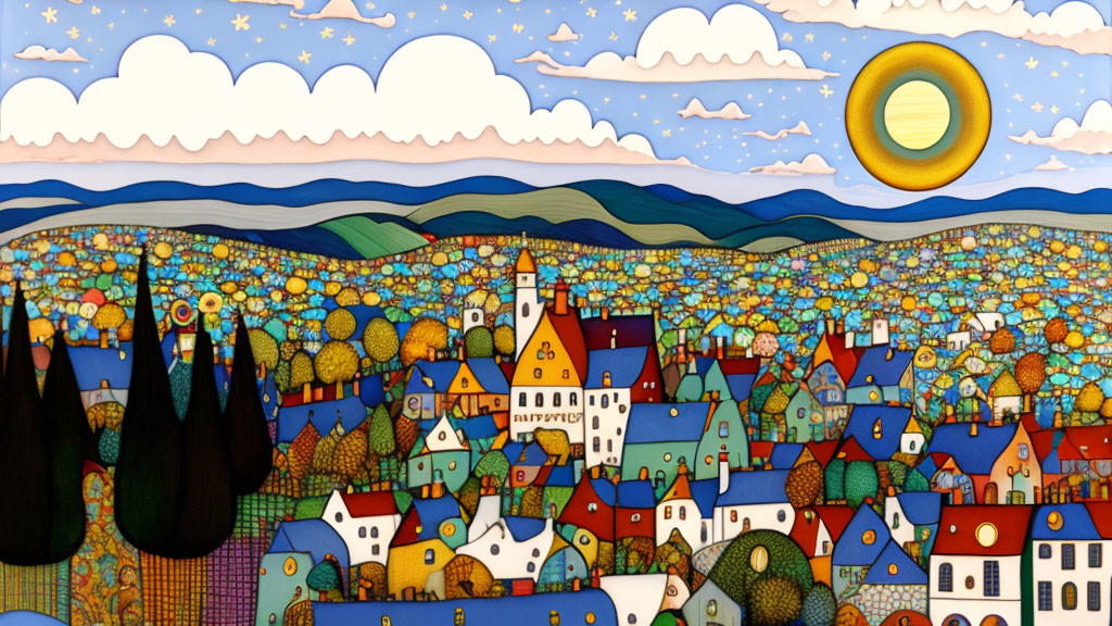 Colorful Landscape Painting with Houses, Hills, Figures, and Sun