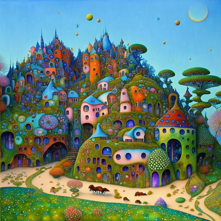 Colorful Mushroom Houses and Crescent Moon in Whimsical Landscape