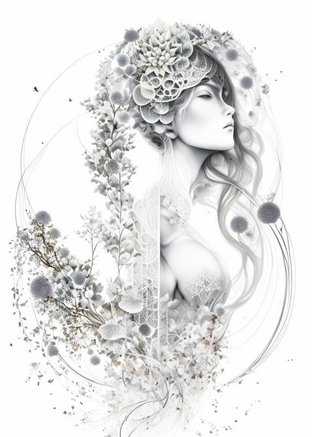 Monochromatic artwork featuring woman with floral designs and swirls