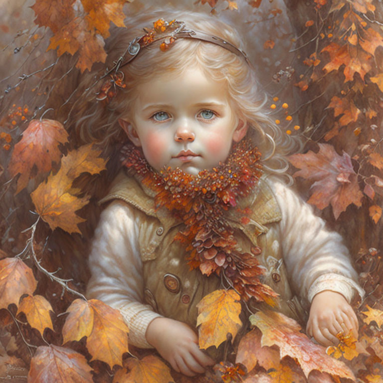 Young child with blue eyes in autumn setting wearing beige sweater and leafy headband