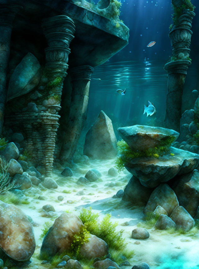 Underwater scene with ancient ruins, fish, stone pillars, and sandy ocean floor.