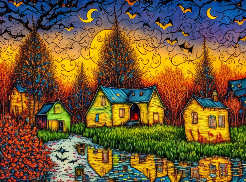 Colorful Twilight Scene with Yellow Houses, River, Trees, and Bats