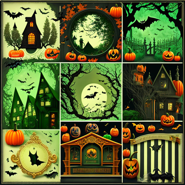 Collection of Halloween-themed illustrations with pumpkins, haunted houses, bats, full moon, and black cats