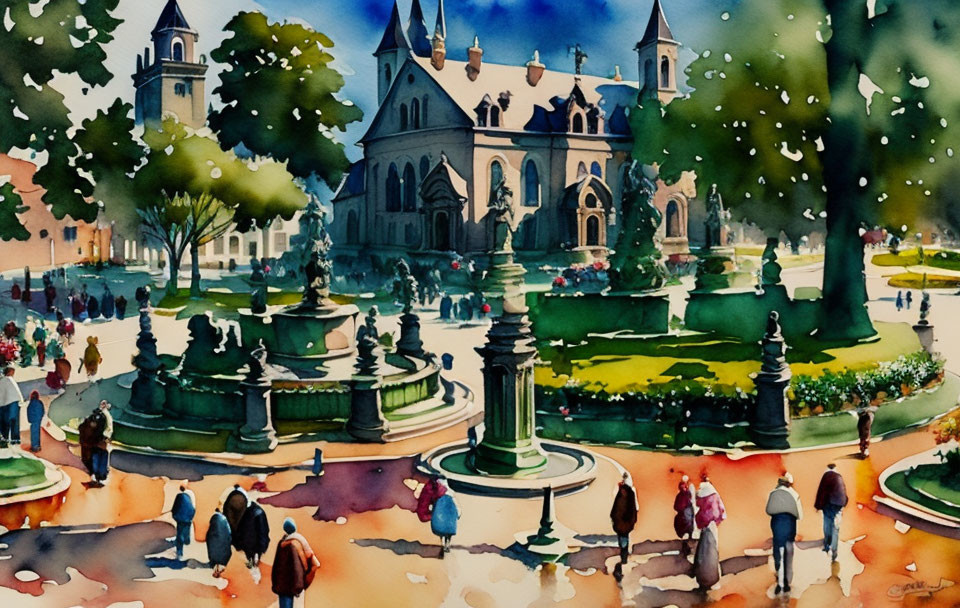 Vibrant watercolor: Park scene with fountain, people, and ornate building