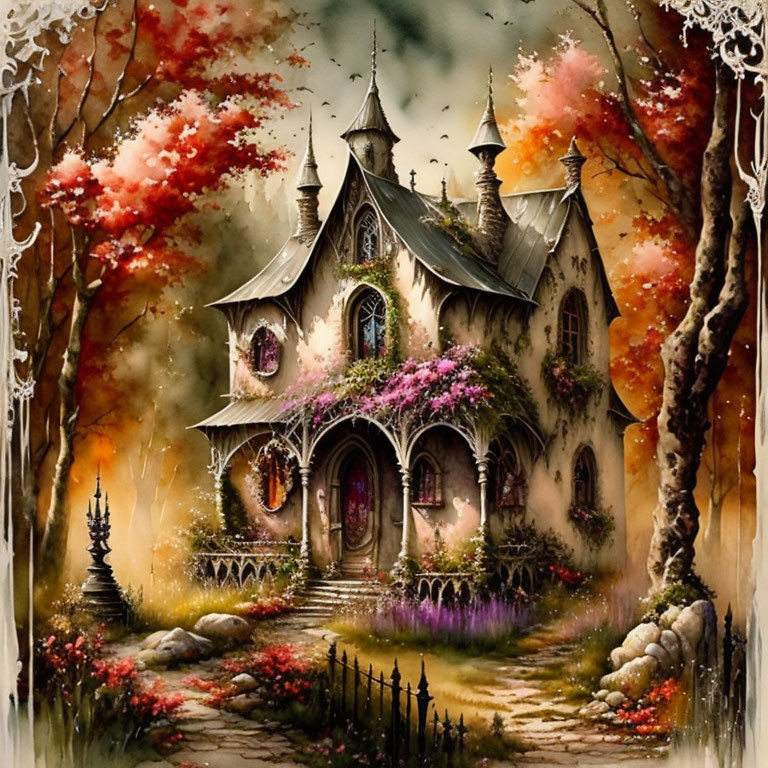 Illustration: Fairy-tale cottage in autumn setting with cobblestone pathway