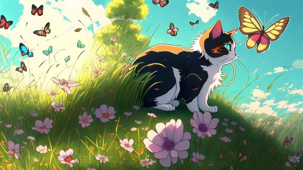 Black and White Cat in Colorful Meadow with Flowers and Butterflies