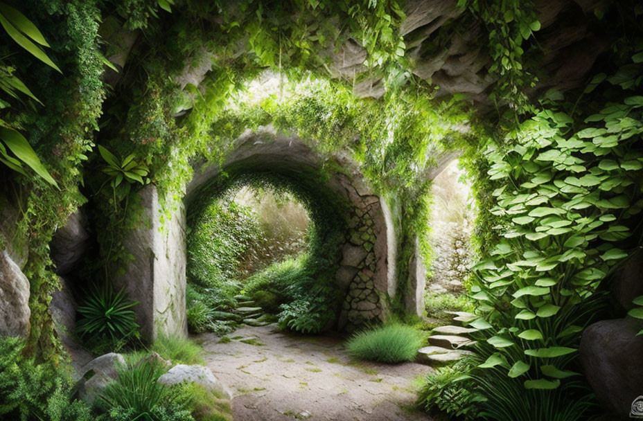 Lush green tunnel with sunlight filtering through leaves