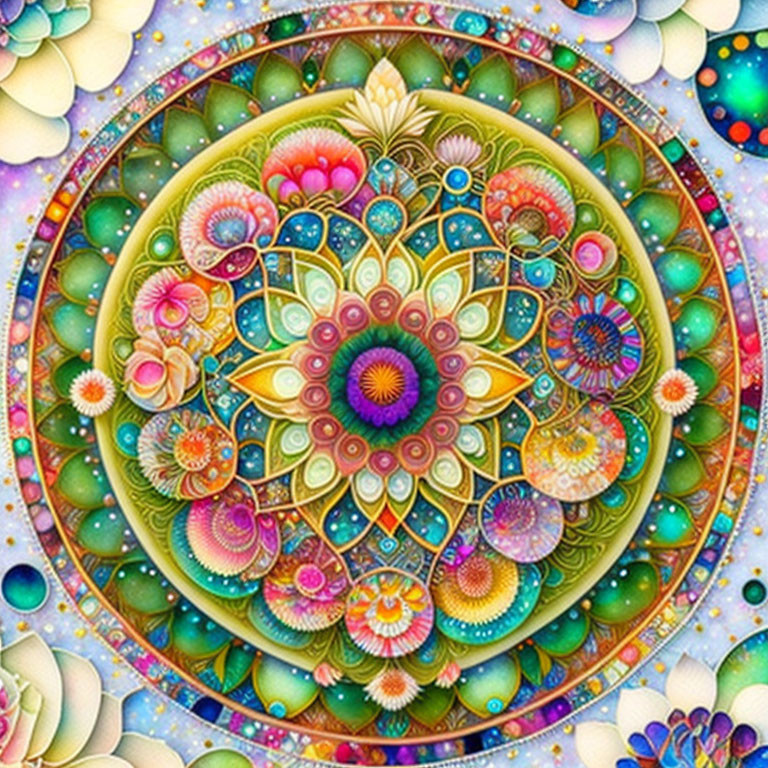 Colorful Mandala with Flower Motifs and Detailed Patterns