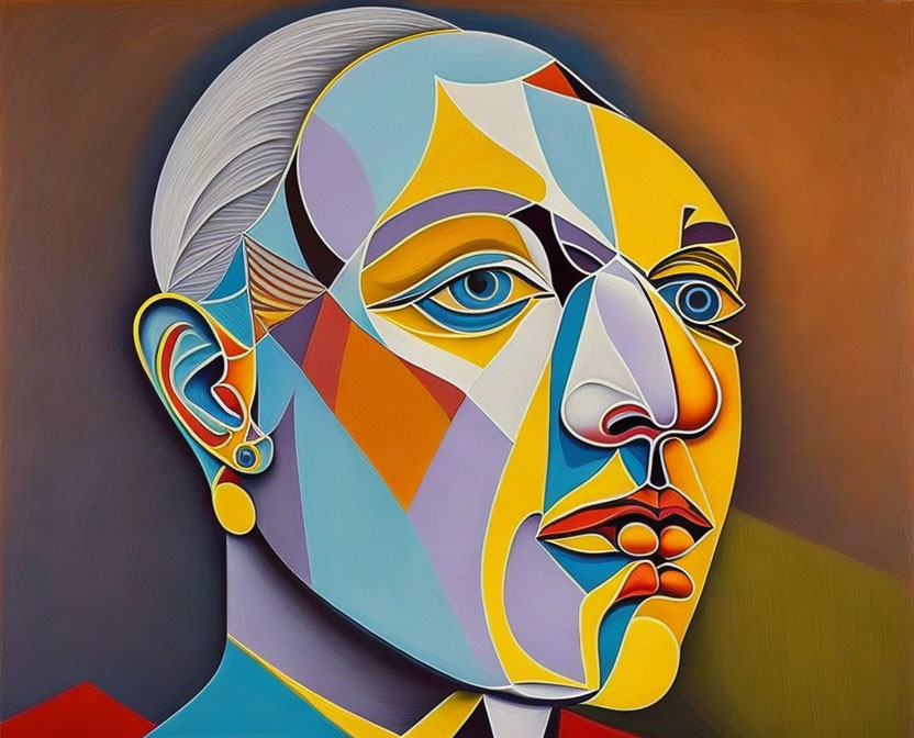 Vibrant cubist-style portrait with geometric shapes and colorful planes