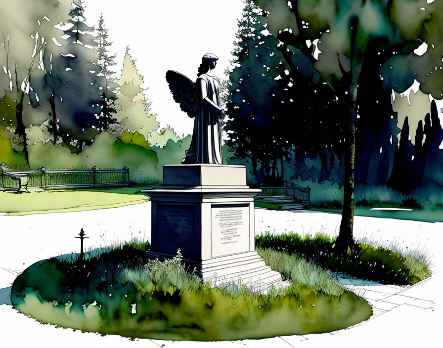 Serene park scene: Angel statue on pedestal with trees and benches