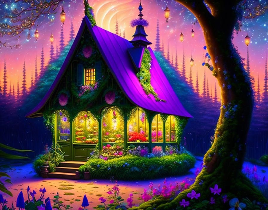 Cozy house in magical forest under starry sky