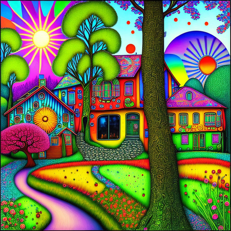 Colorful Landscape with Whimsical Houses, Sun, Trees, Path, and Rainbow