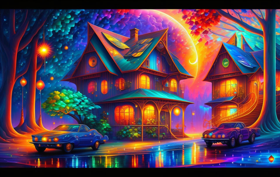 Colorful illuminated houses, trees, classic cars under starry sky