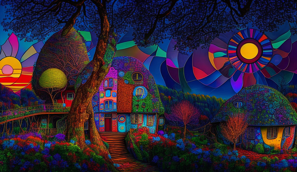 Colorful Fantasy Landscape with Whimsical Treehouses and Starry Sky