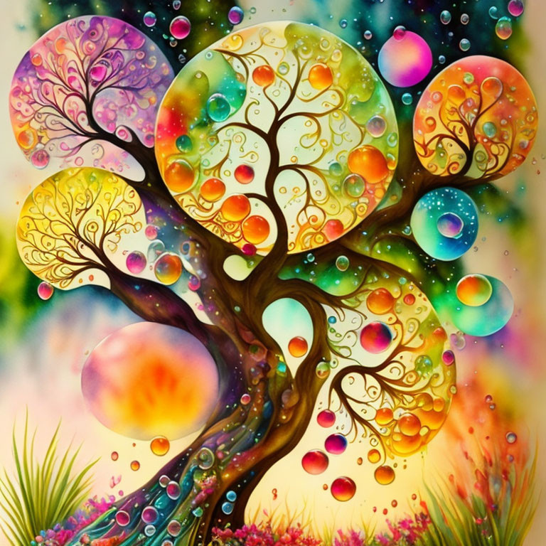 Colorful Tree Painting with Whimsical Bubble-Like Foliage