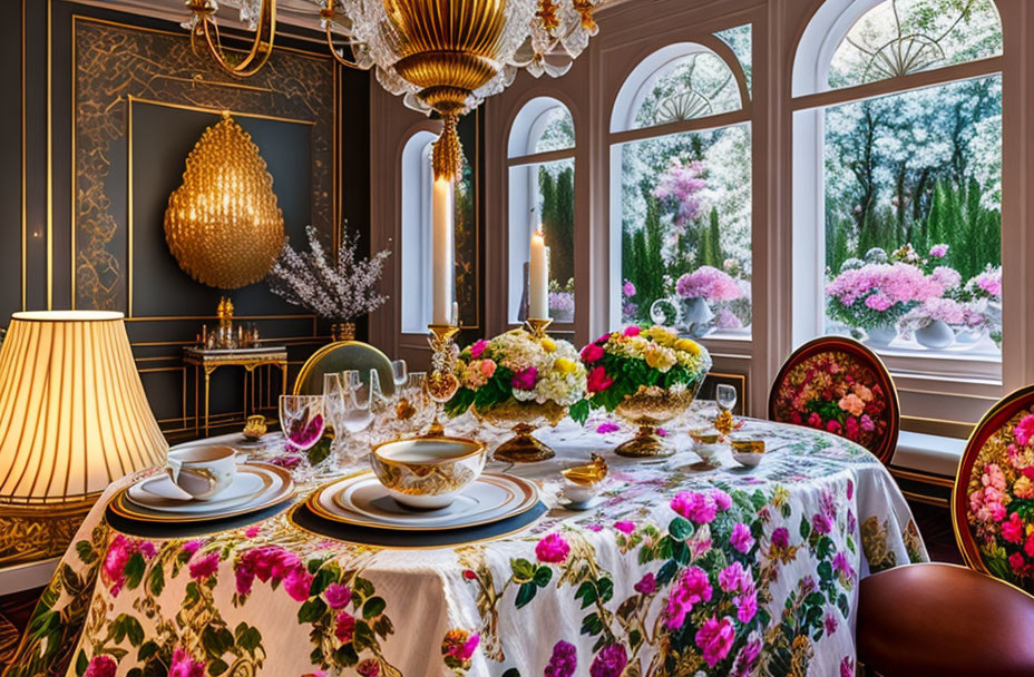 Luxurious Dining Room with Floral Tablecloth and Garden View