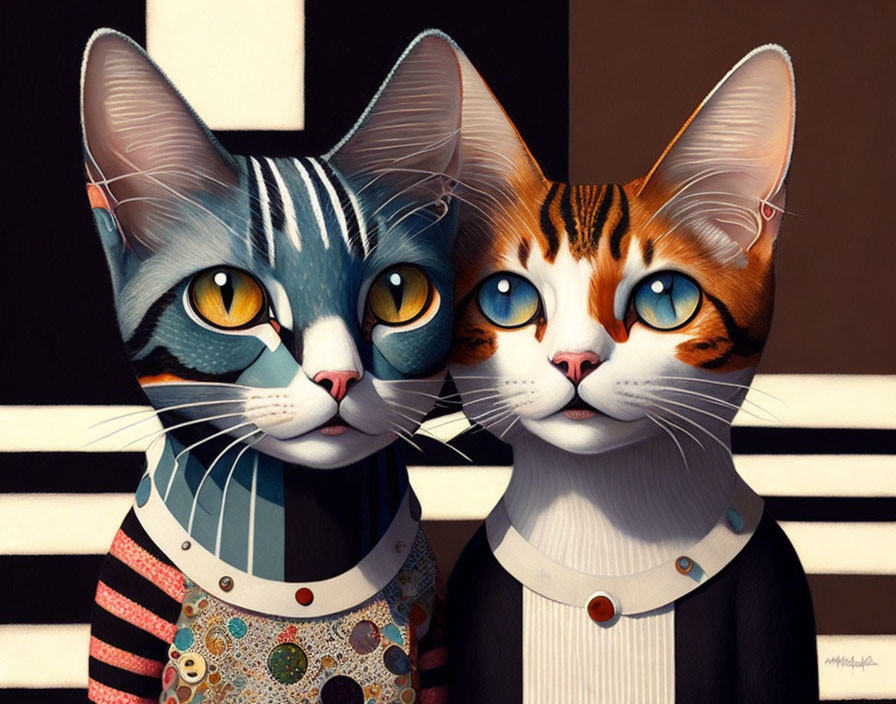 Two fashionable anthropomorphic cats in stylish attire with patterned backdrop