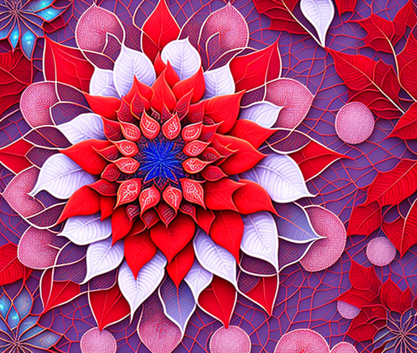 Symmetrical multi-layered flower in red, blue, and white on textured backdrop