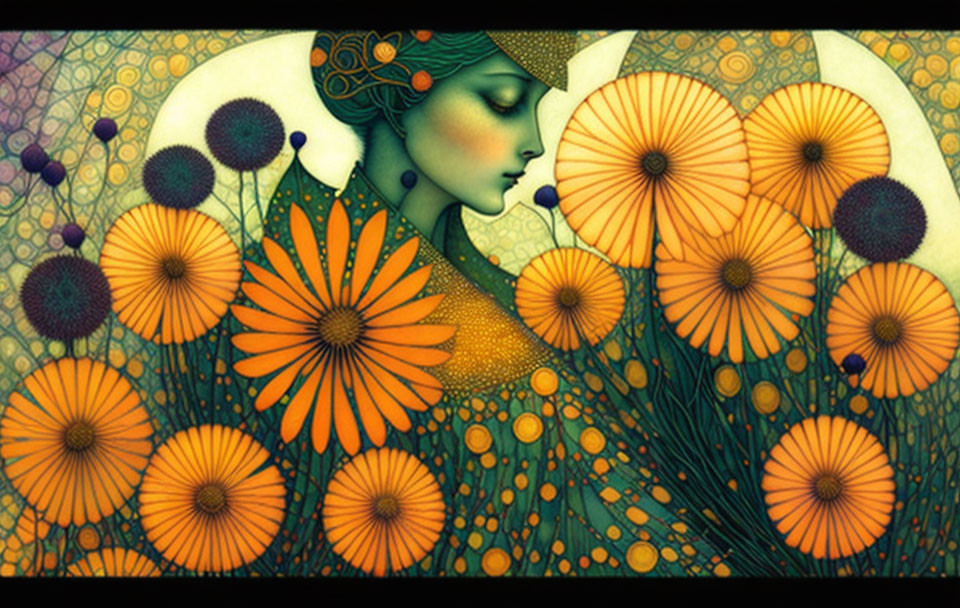 Intricate person illustration with orange flowers and vibrant background