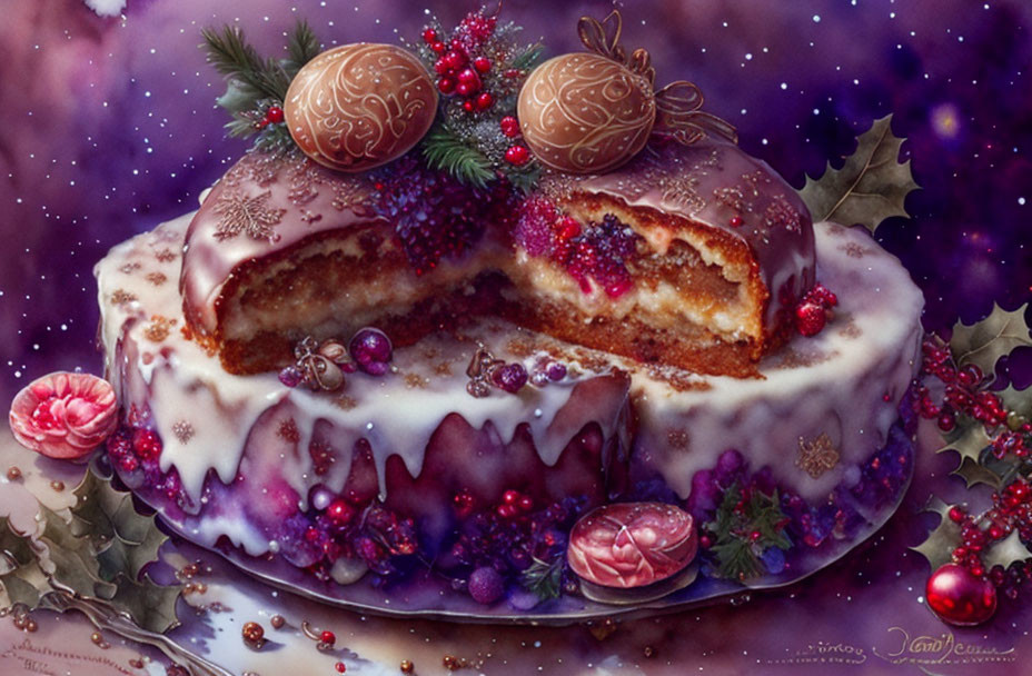 Festive cake with white icing, berries, pine twigs, chocolate balls, and berry filling